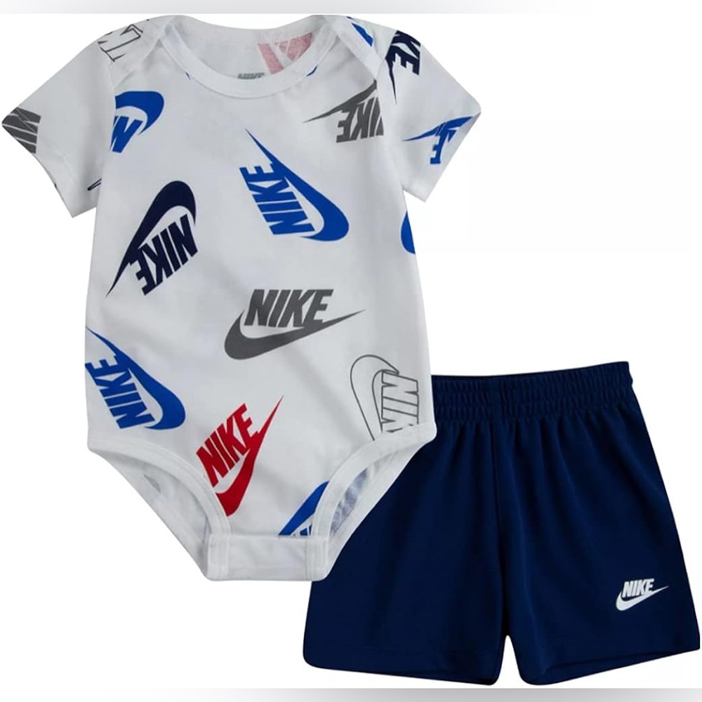 Nike Baby 2 Piece Bodysuit & Shorts Set 9M All Over Logo Print Short Sleeve